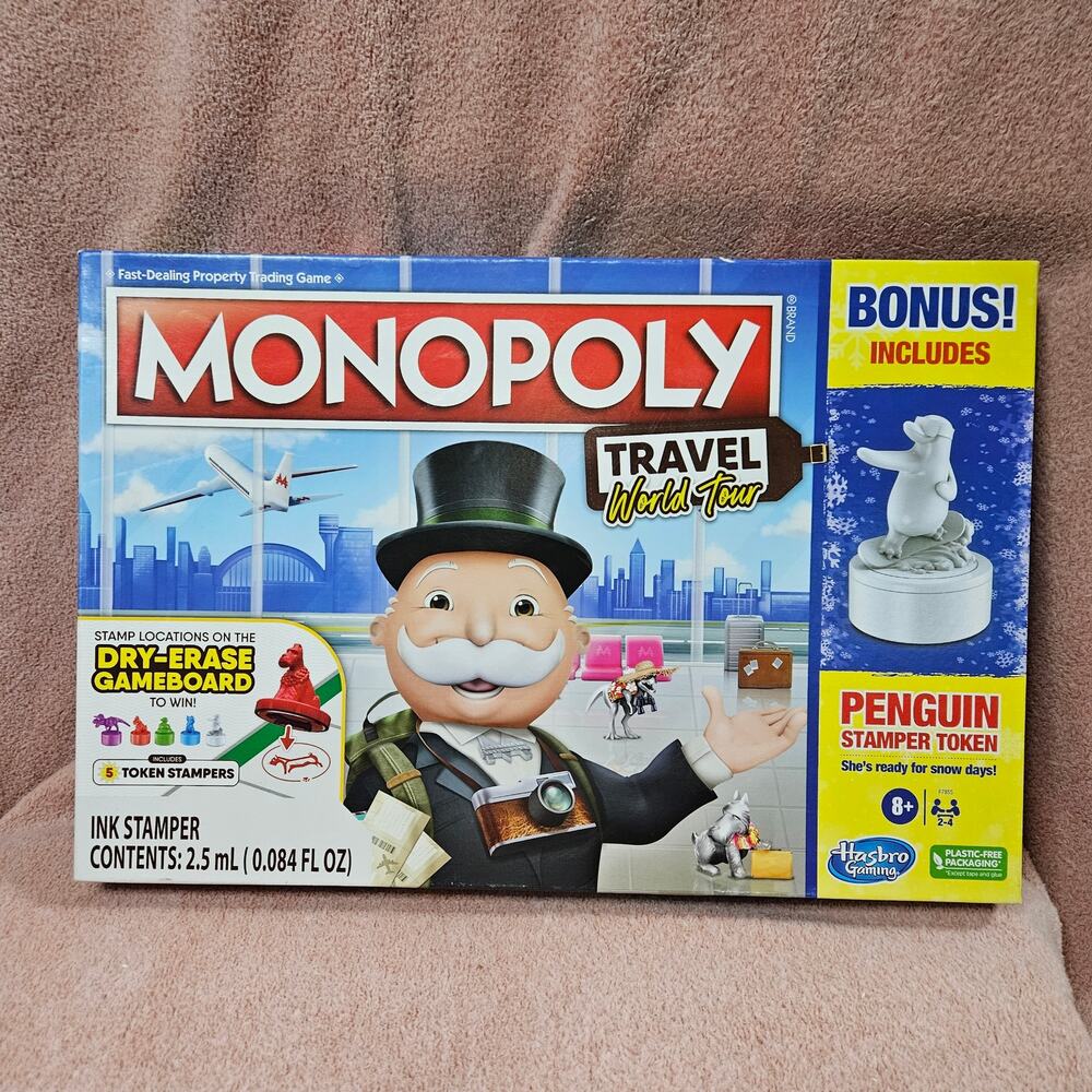 Hasbro Gaming Monopoly Travel World Tour Game w/Dry-Erase & Penguin Stamper